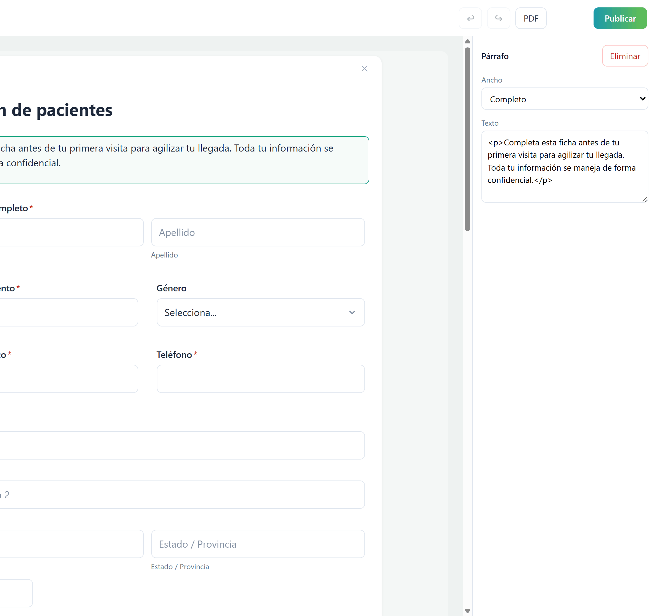 anota builder showing the “General patient intake” template: the form on the center canvas and the property panel for a paragraph field on the right.