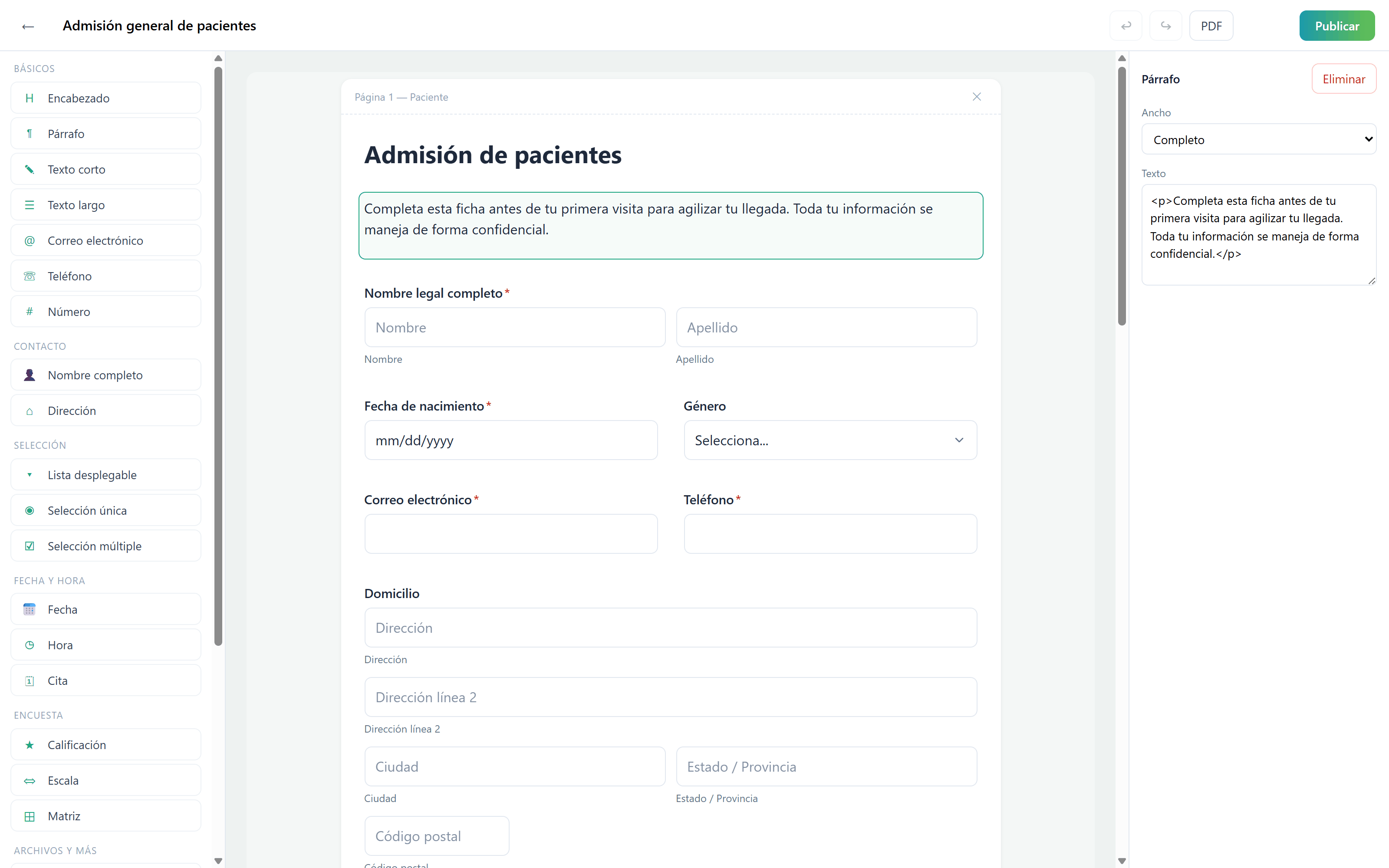 Editor do anota mostrando o modelo “Admissão geral de pacientes”: paleta de campos à esquerda, o formulário no canvas central e o painel de propriedades de um campo de parágrafo à direita.