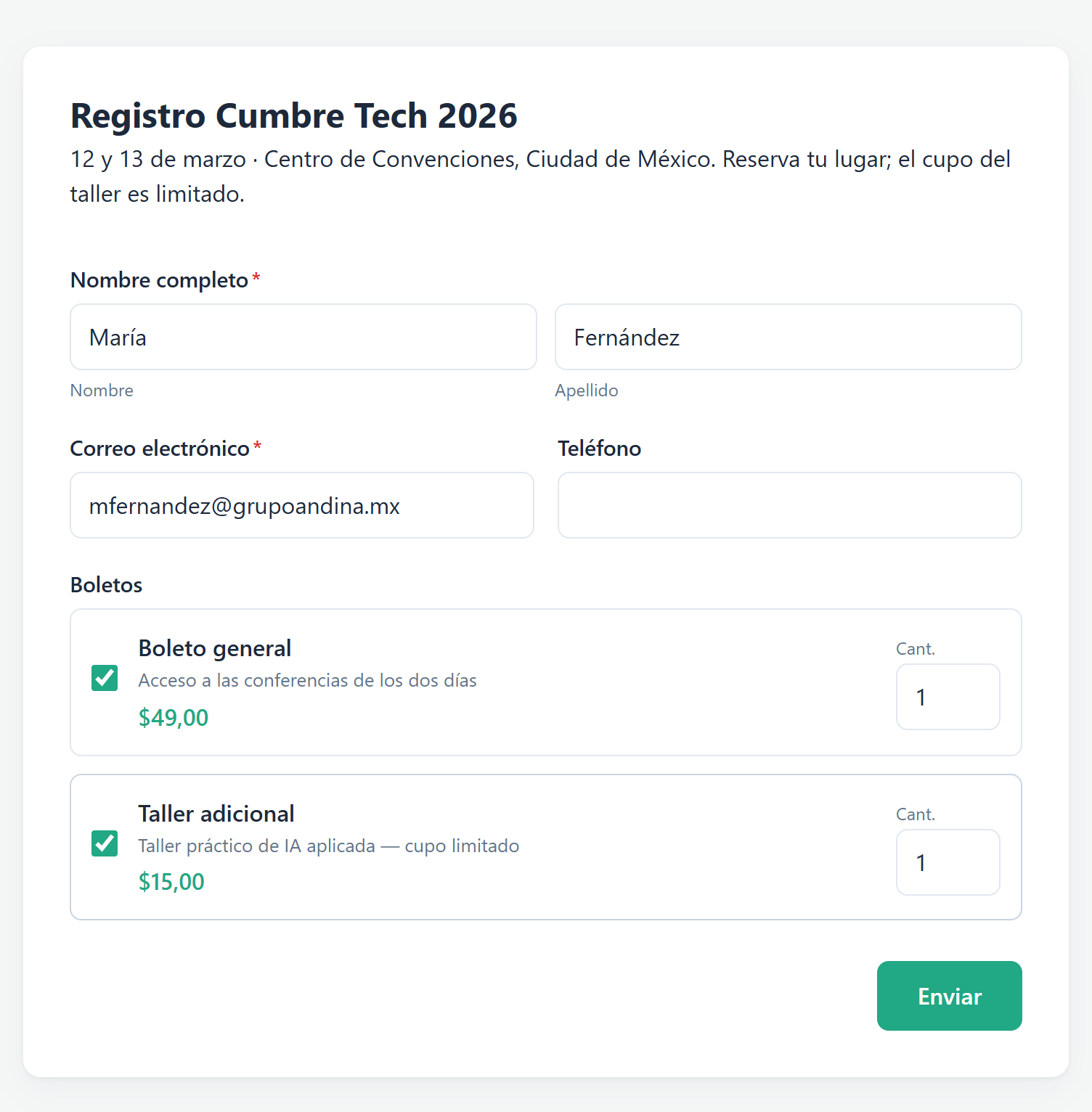 Public form “Tech Summit 2026 registration” with two products selected: a $49.00 general ticket and a $15.00 add-on workshop, ready to submit.