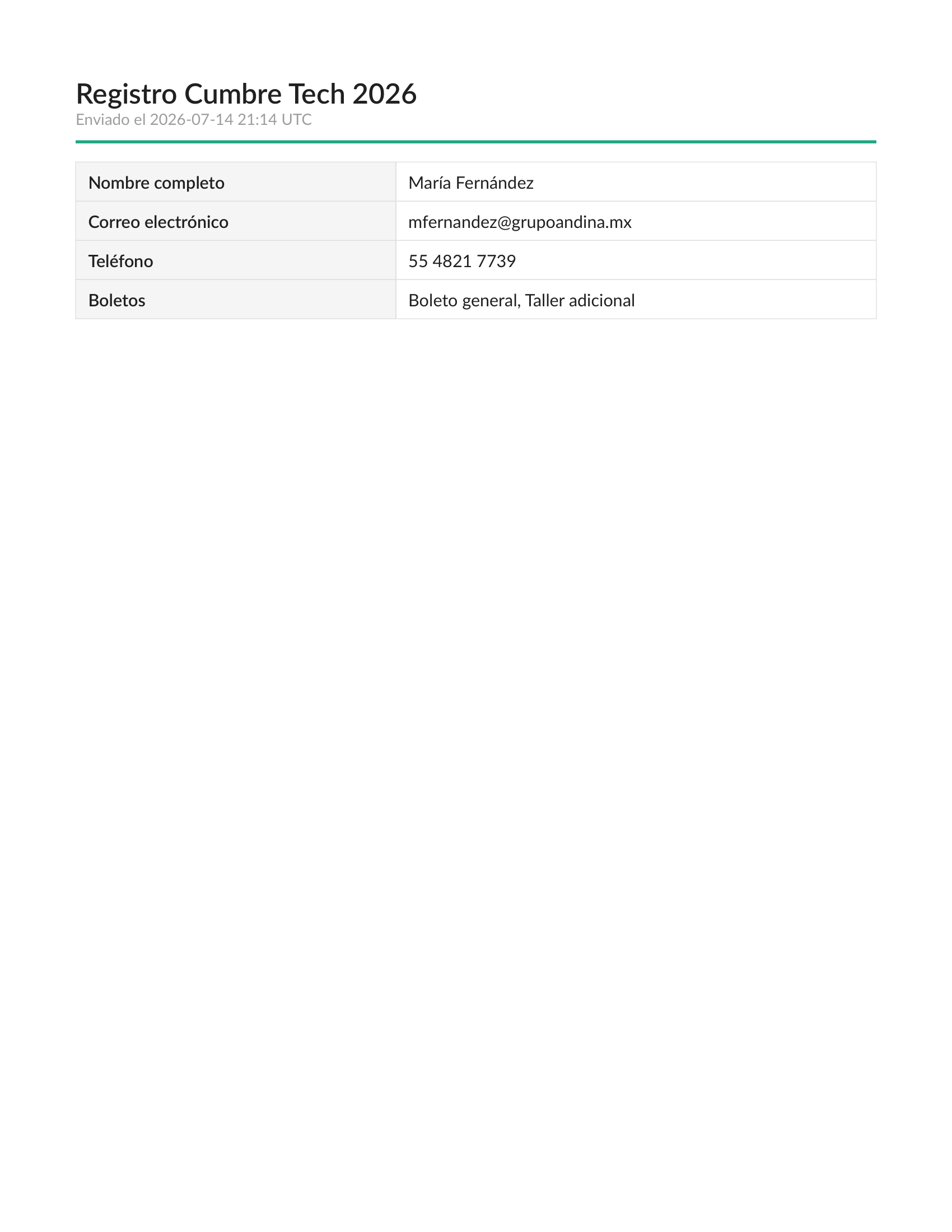 First page of the generated PDF with the submission's answers.