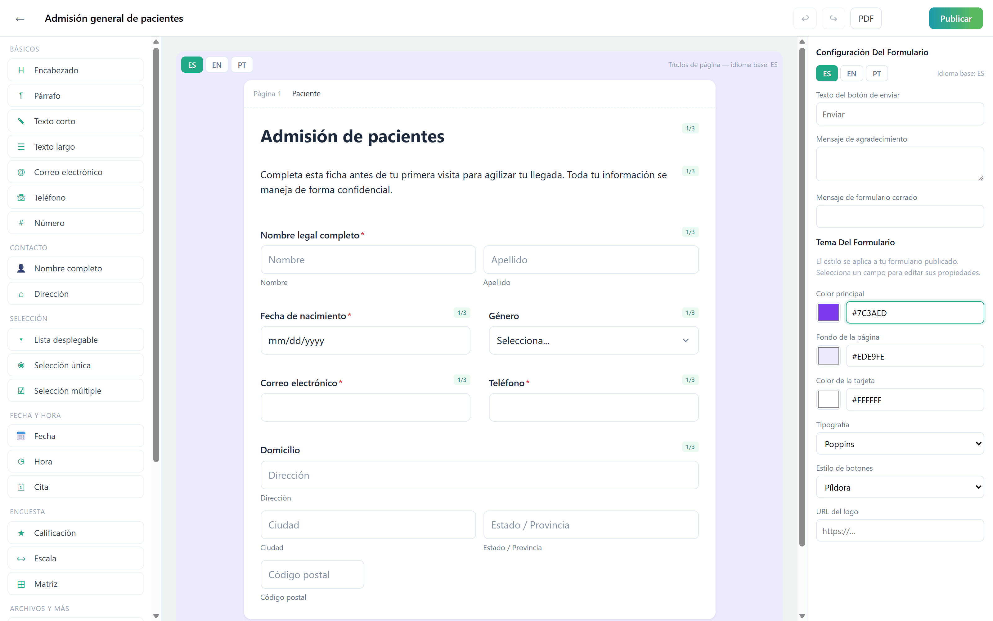 Editor do anota com o painel de tema aberto: cor principal, fundo, cor do cartão, tipografia e estilo dos botões.